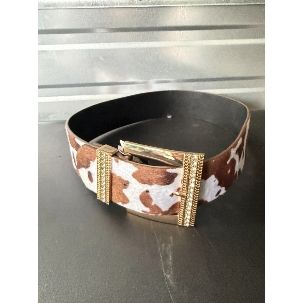 True Love  Cow Print Leather Calf Hair Textured Wide Gold Buckle Belt S